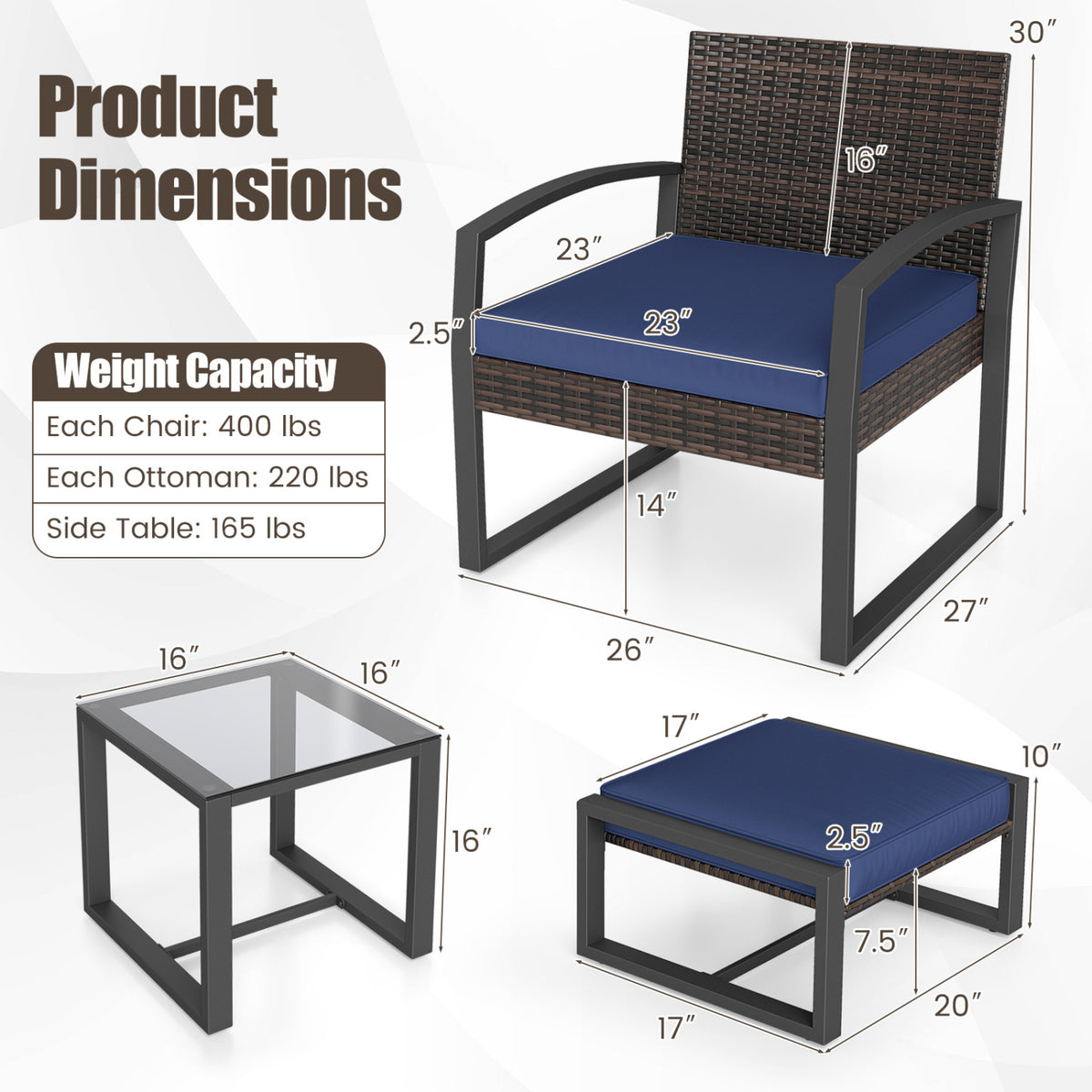 5-Piece Patio Conversation Set with 2 Ottomans and Tempered Glass Side Table-Navy view 5