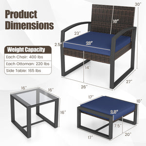 5-Piece Patio Conversation Set with 2 Ottomans and Tempered Glass Side Table-Navy view 5