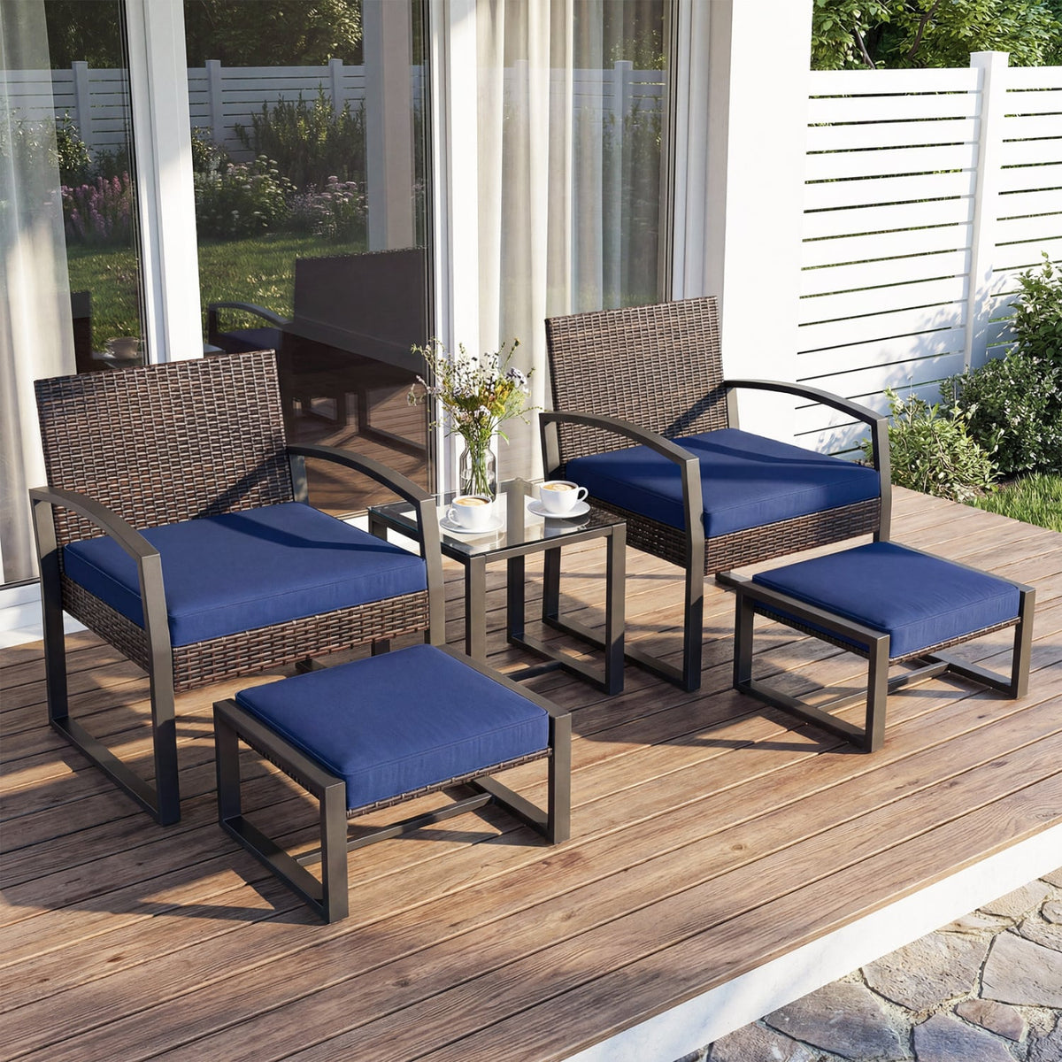 5-Piece Patio Conversation Set with 2 Ottomans and Tempered Glass Side Table-Navy view 2