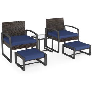 5-Piece Patio Conversation Set with 2 Ottomans and Tempered Glass Side Table-Navy view 4