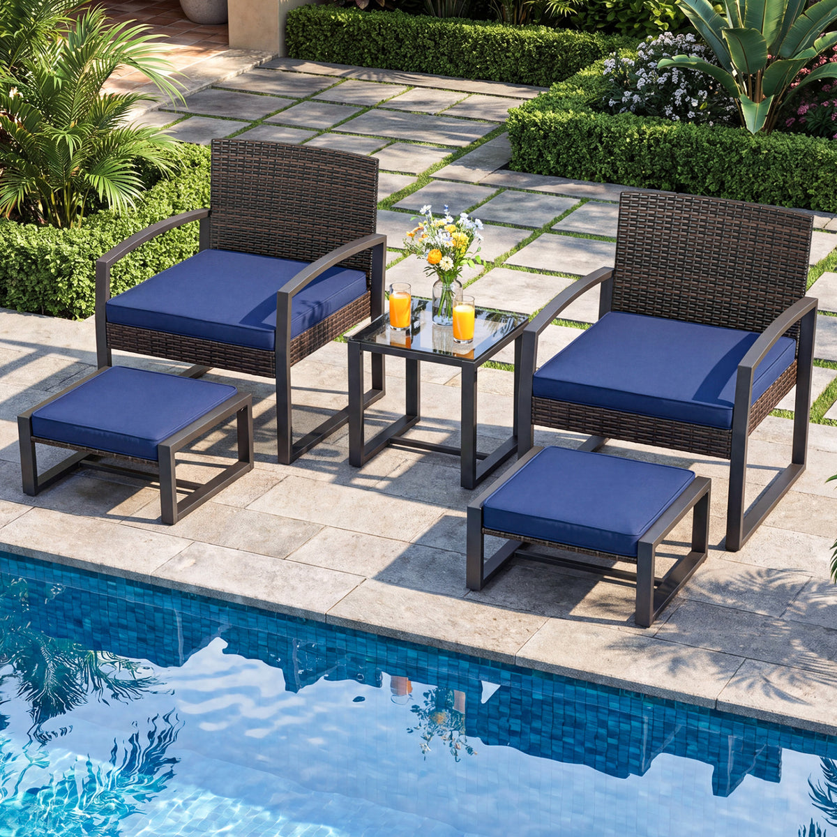 5-Piece Patio Conversation Set with 2 Ottomans and Tempered Glass Side Table-Navy view 6