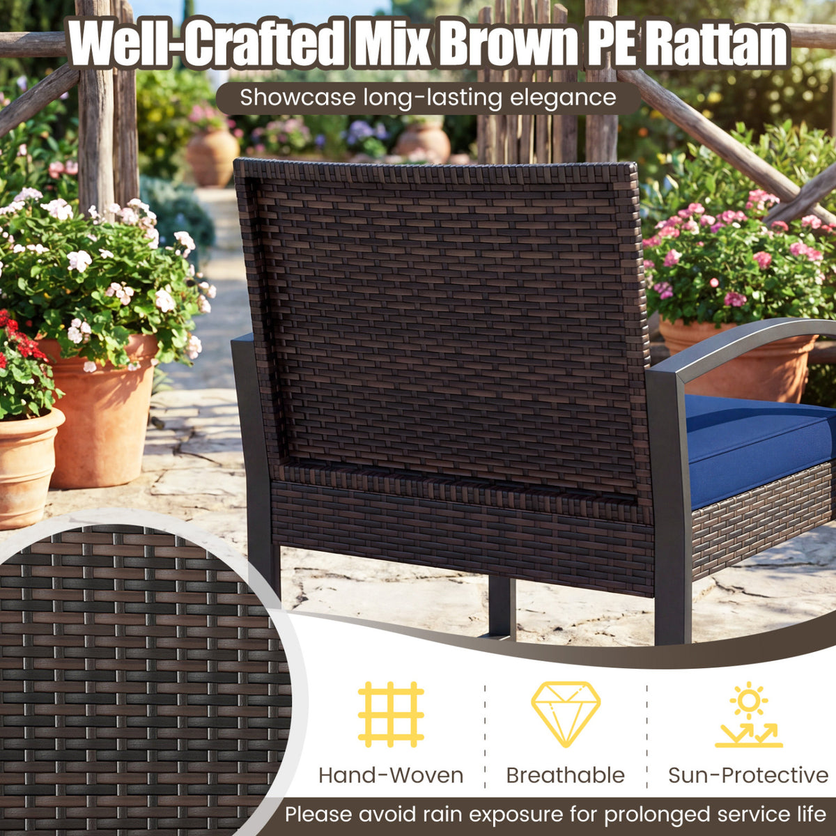 5-Piece Patio Conversation Set with 2 Ottomans and Tempered Glass Side Table-Navy view 7