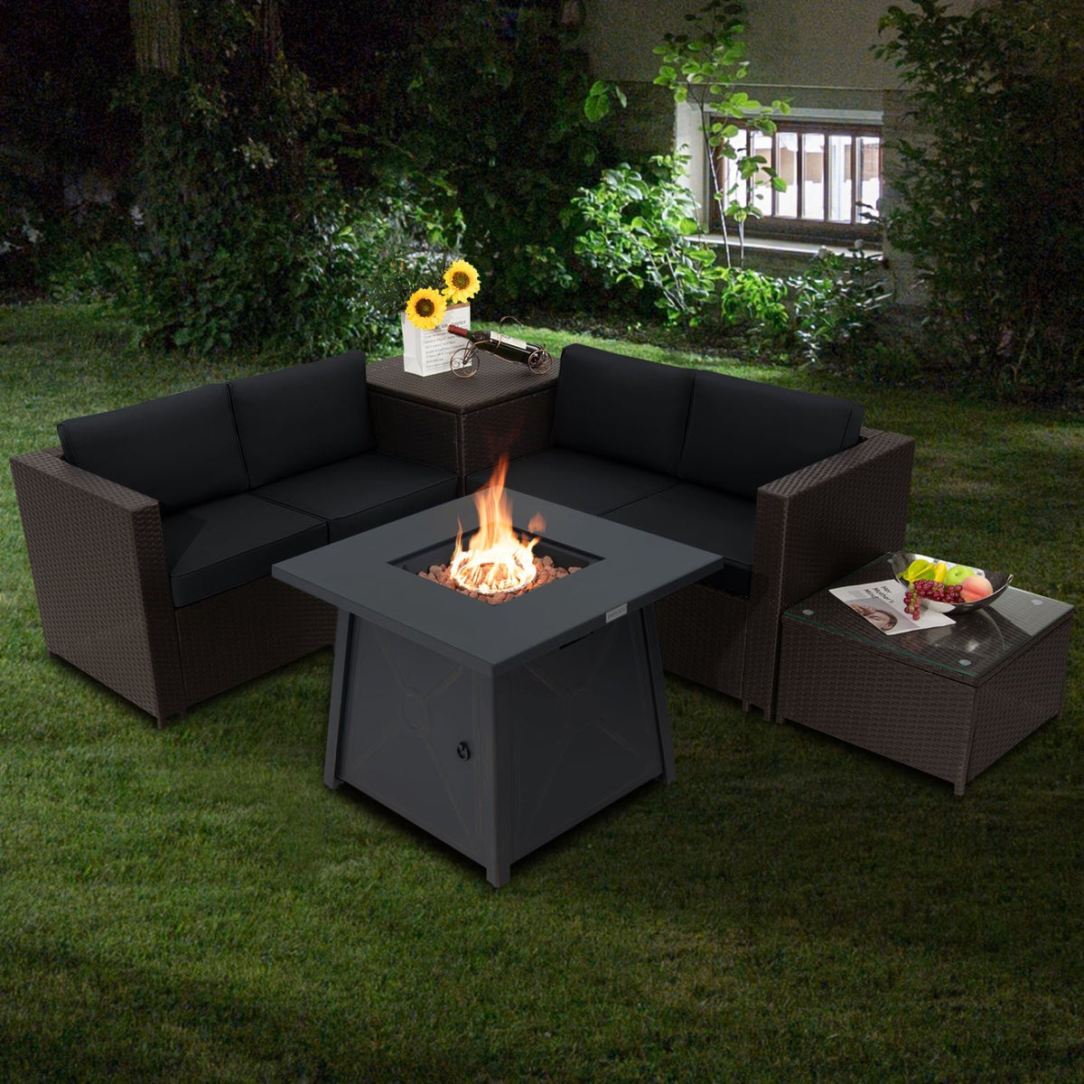 5 Piece Patio Furniture Set with 50000 BTU Propane Fire Pit Table-Black view 2
