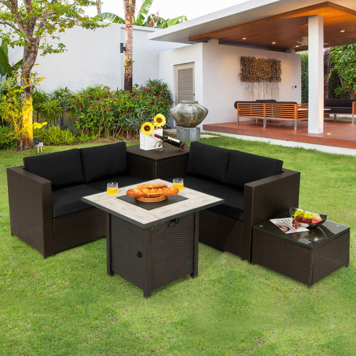 5-Piece Patio Furniture Set with 30 Inches Gas Fire Pit Table Outdoor PE Wicker Sofa Set-Black view 2