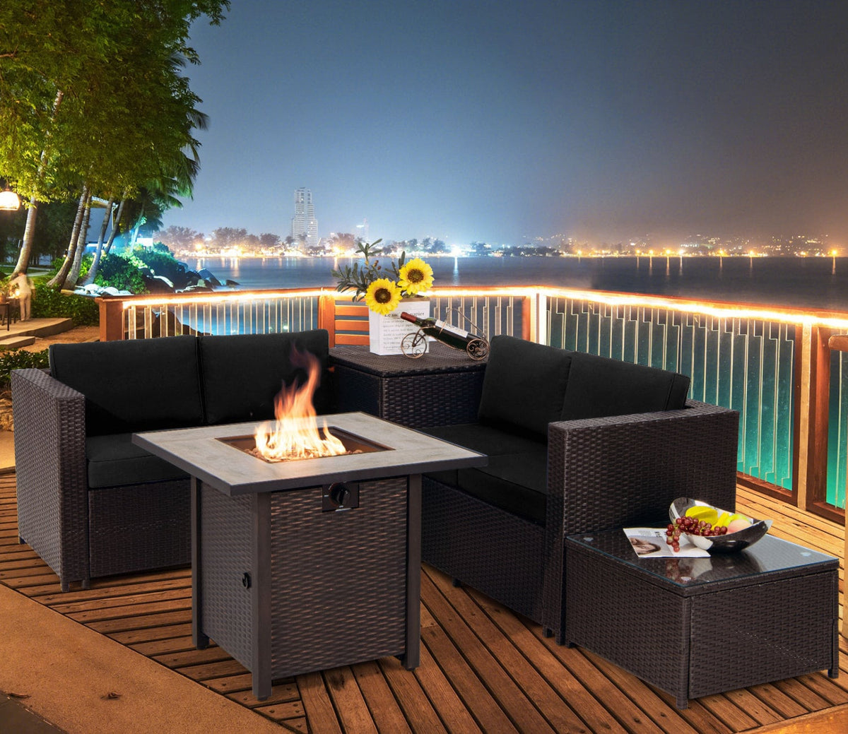 5-Piece Patio Furniture Set with 30 Inches Gas Fire Pit Table Outdoor PE Wicker Sofa Set-Black view 3