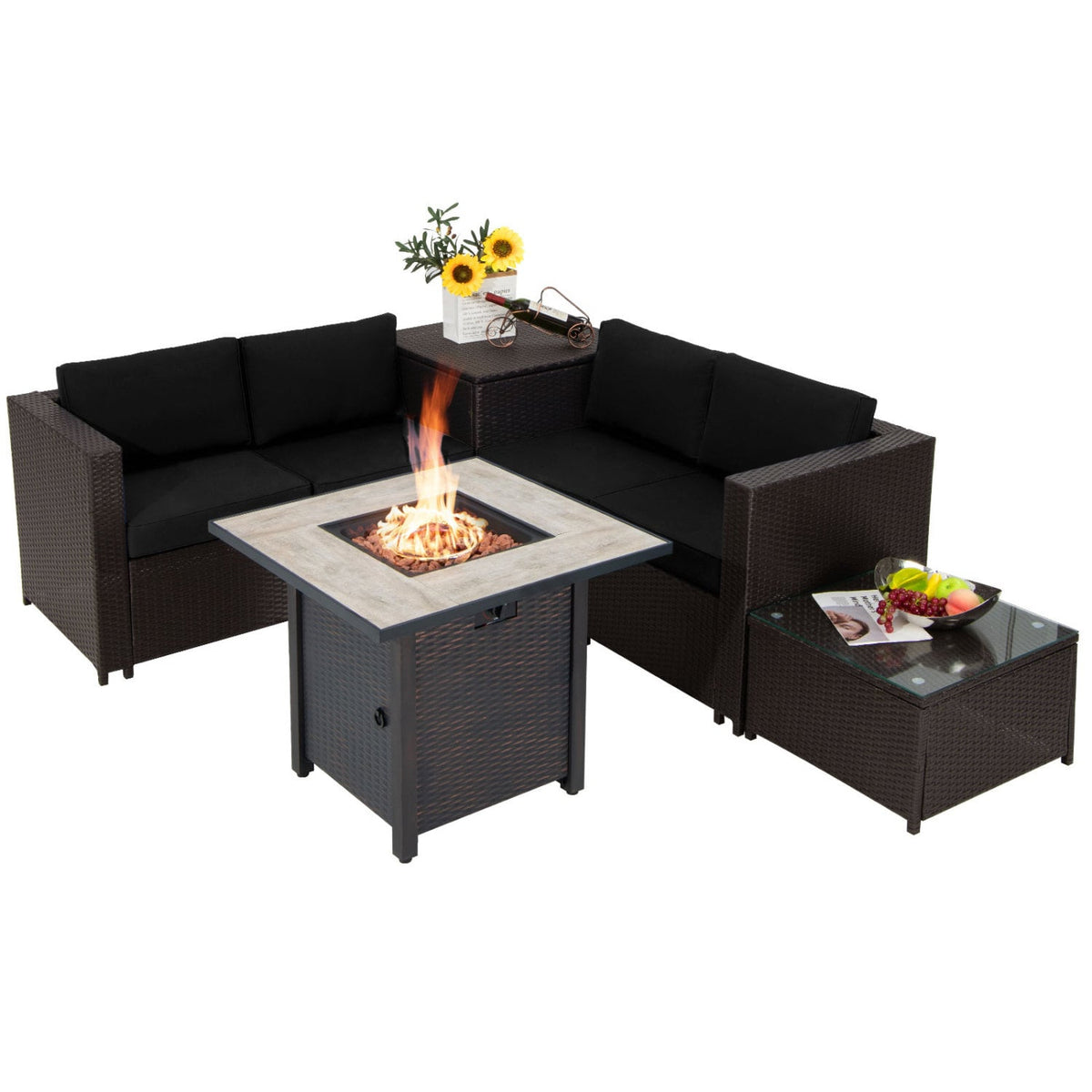 5-Piece Patio Furniture Set with 30 Inches Gas Fire Pit Table Outdoor PE Wicker Sofa Set-Black