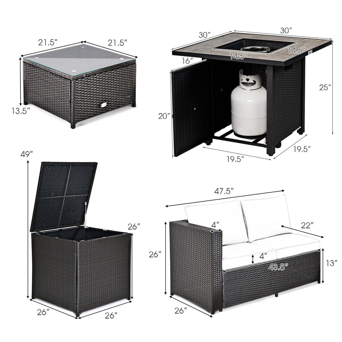 5-Piece Patio Furniture Set with 30 Inches Gas Fire Pit Table Outdoor PE Wicker Sofa Set-Black view 4