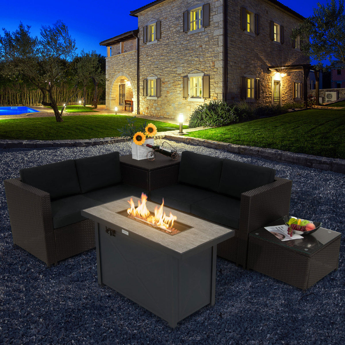 5-Piece Patio Furniture Set with Propane Fire Pit Table-Black view 3