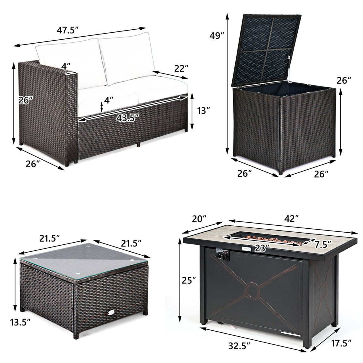 5-Piece Patio Furniture Set with Propane Fire Pit Table-Black view 5