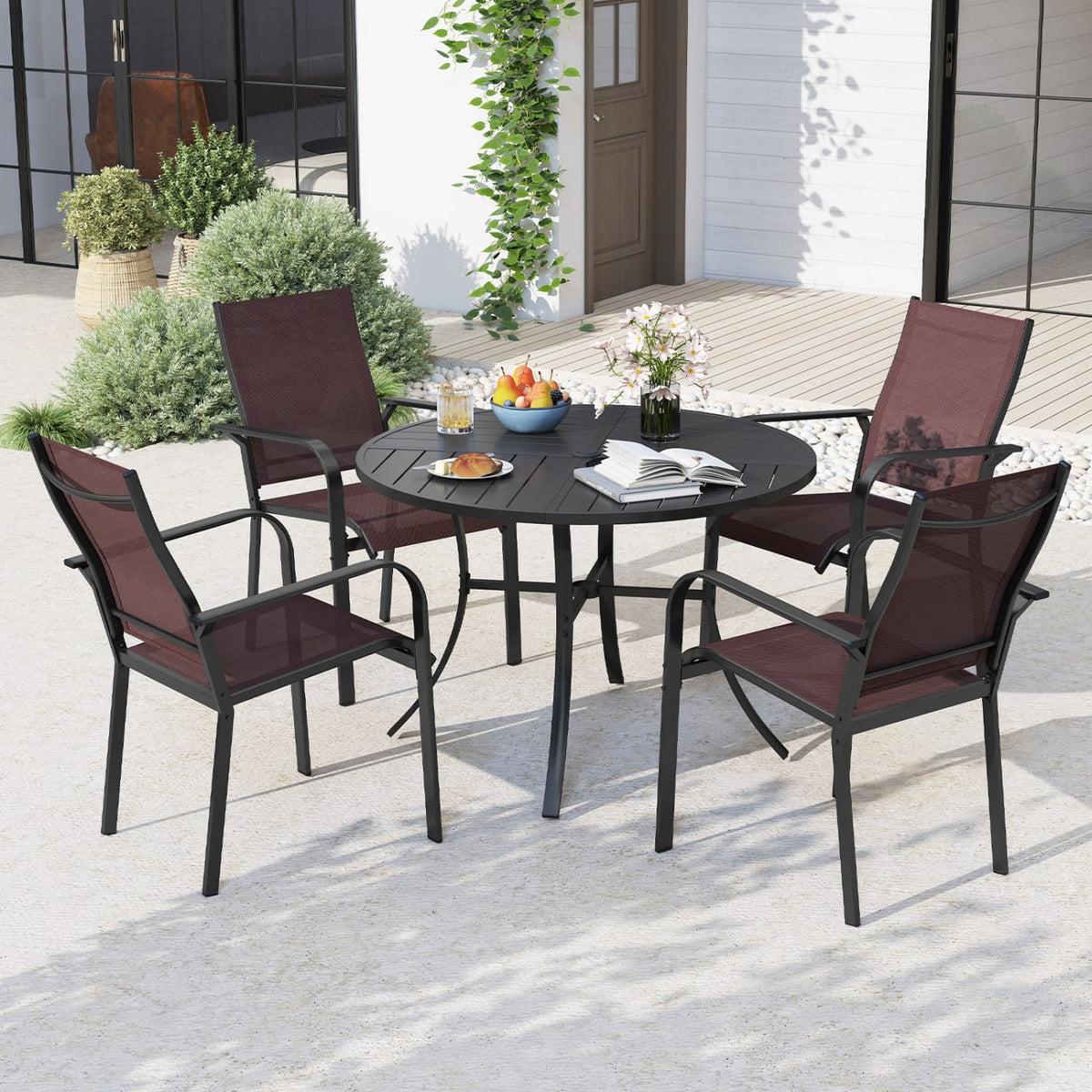 5 Pieces Patio Dining Set for 4 42.5 inch Outdoor Round Metal Table-Coffee and Black view 2