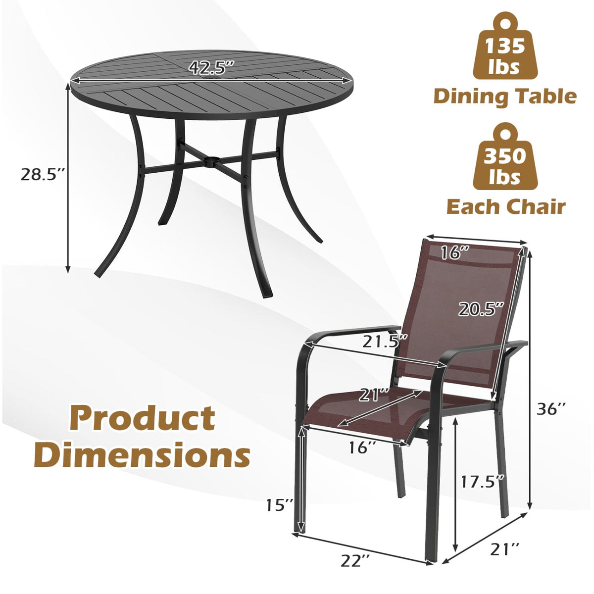 5 Pieces Patio Dining Set for 4 42.5 inch Outdoor Round Metal Table-Coffee and Black view 3