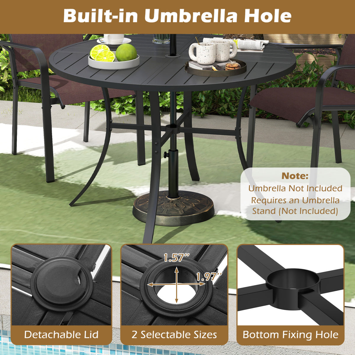5 Pieces Patio Dining Set for 4 42.5 inch Outdoor Round Metal Table-Coffee and Black view 9
