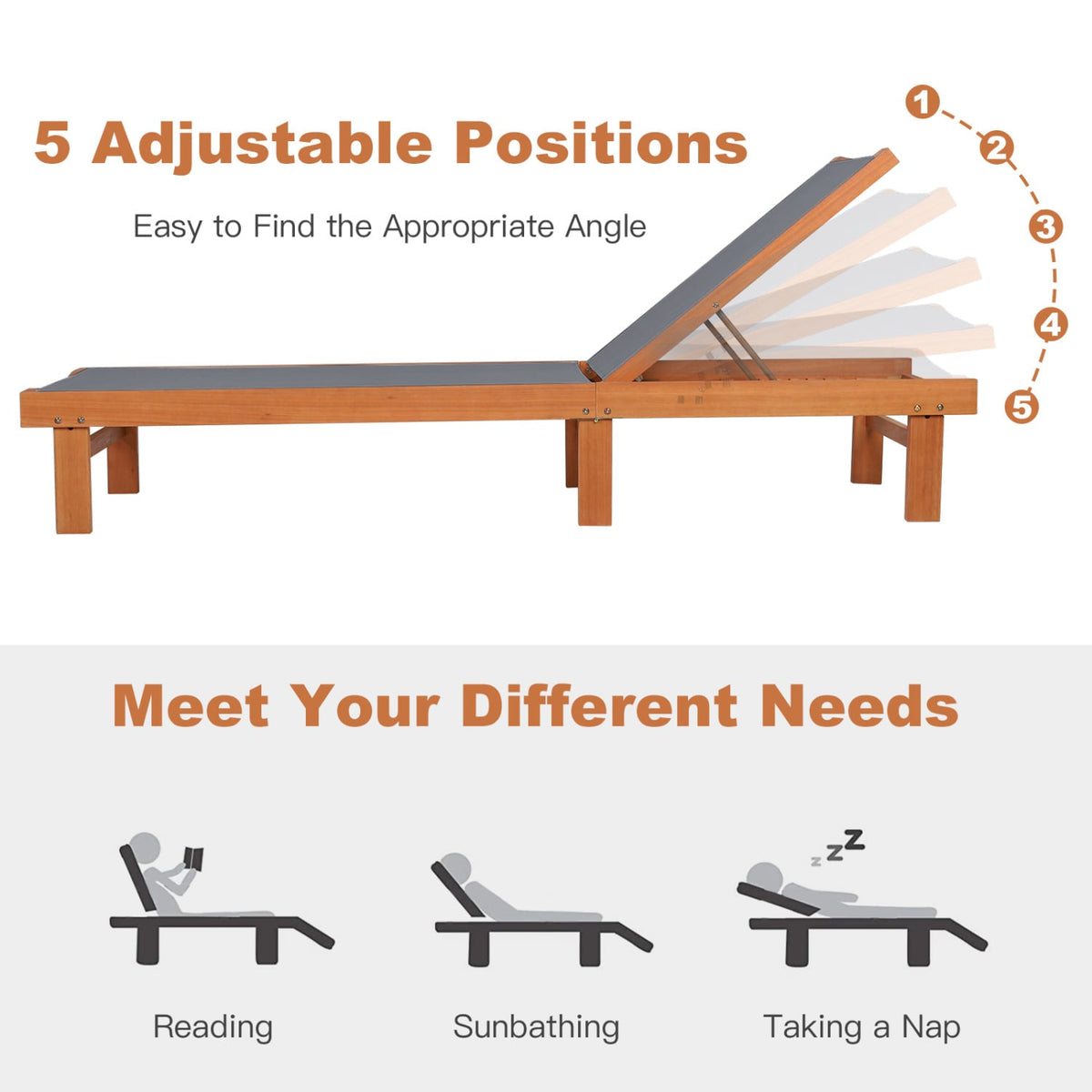 5-Postion Backrest Adjustable Outdoor Wood Chaise Lounge Chair-2 view 7