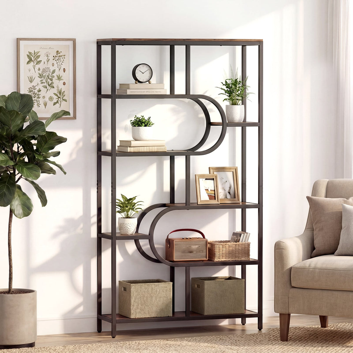5-Tier Bookshelf Tall Etagere Bookcase with Open Storage Shelves and U Shape-Rustic Brown view 2