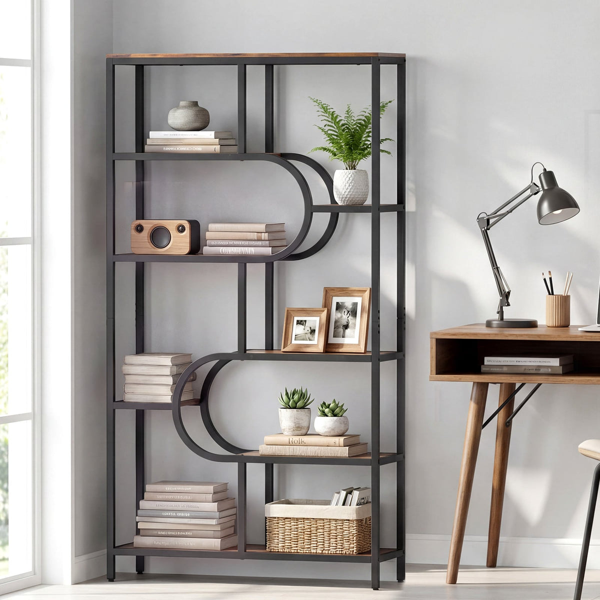 5-Tier Bookshelf Tall Etagere Bookcase with Open Storage Shelves and U Shape-Rustic Brown view 3
