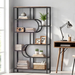 5-Tier Bookshelf Tall Etagere Bookcase with Open Storage Shelves and U Shape-Rustic Brown view 3