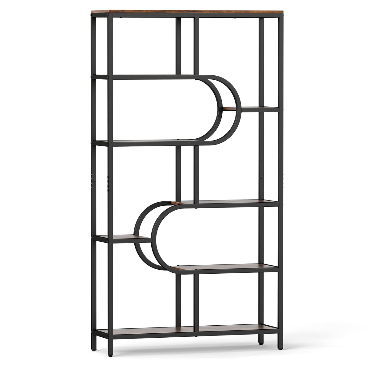 5-Tier Bookshelf Tall Etagere Bookcase with Open Storage Shelves and U Shape-Rustic Brown
