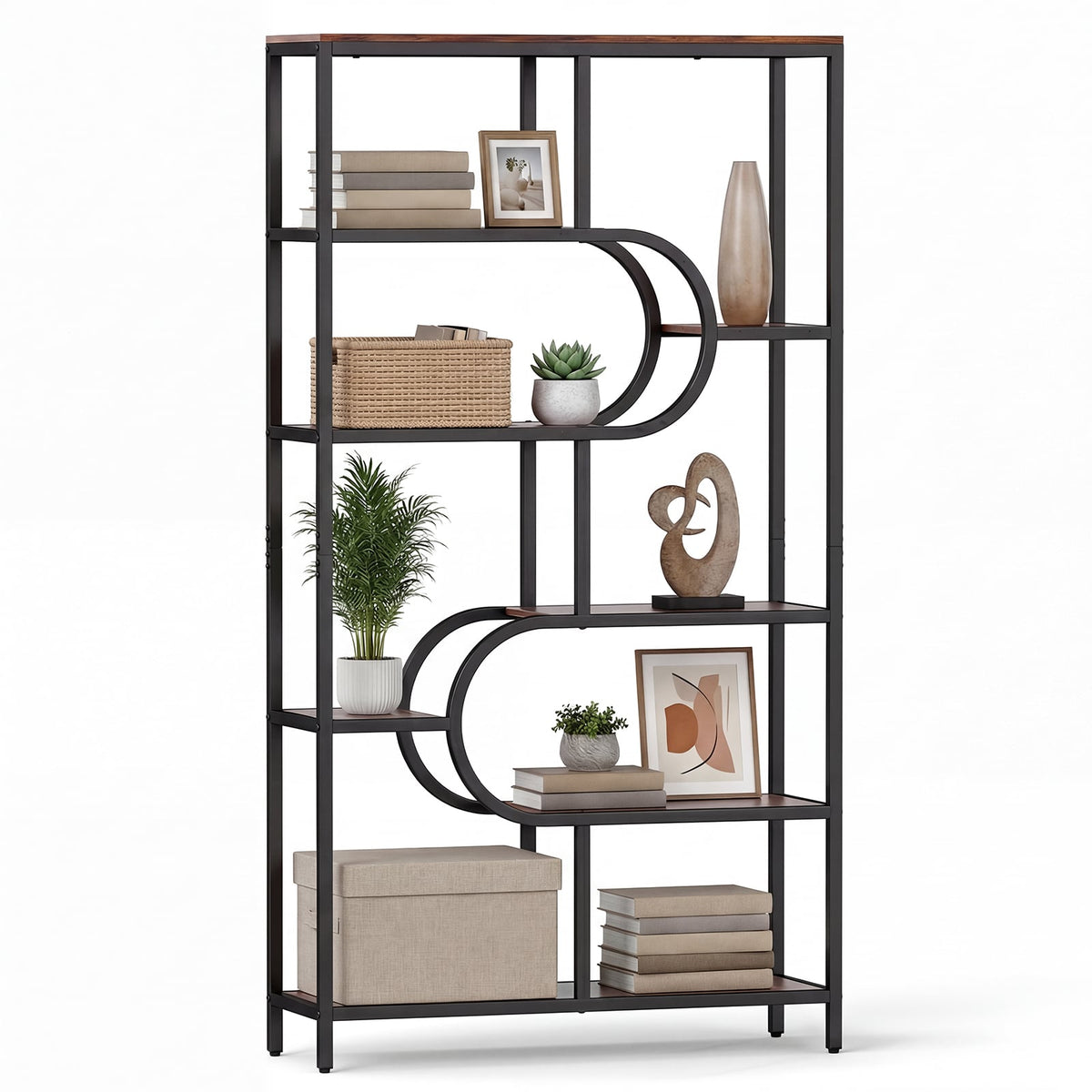5-Tier Bookshelf Tall Etagere Bookcase with Open Storage Shelves and U Shape-Rustic Brown view 4
