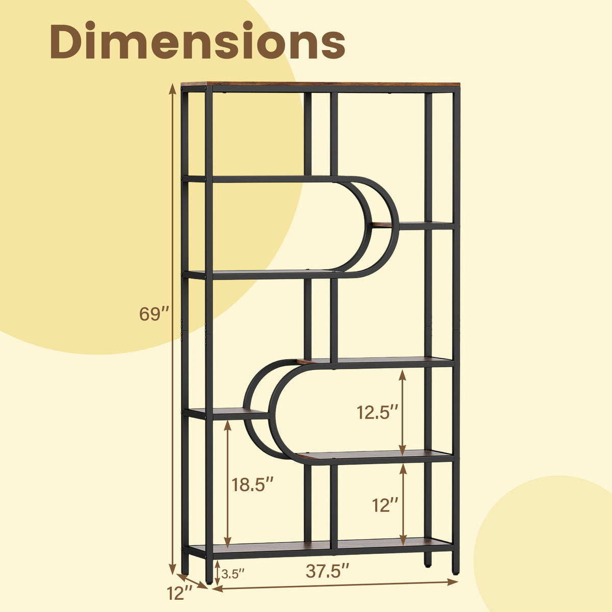 5-Tier Bookshelf Tall Etagere Bookcase with Open Storage Shelves and U Shape-Rustic Brown view 5
