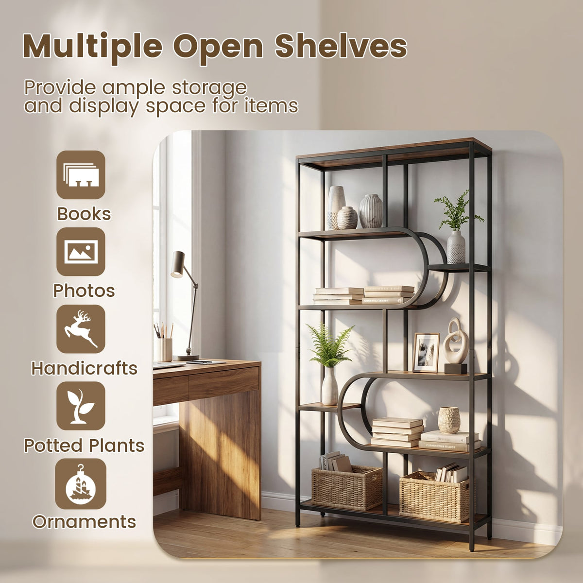 5-Tier Bookshelf Tall Etagere Bookcase with Open Storage Shelves and U Shape-Rustic Brown view 7