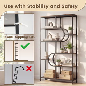 5-Tier Bookshelf Tall Etagere Bookcase with Open Storage Shelves and U Shape-Rustic Brown view 8