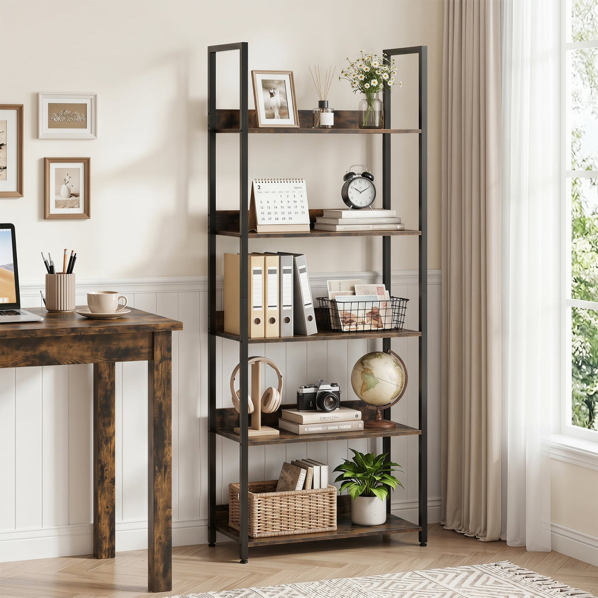 5-Tier Bookshelf Tall Wooden Open Bookcase with Back Panels-Rustic Brown view 2