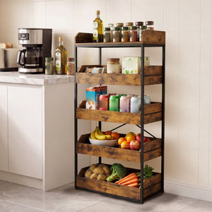 5-Tier Food Storage Rack with 4 Pull-out Drawers and Adjustable Feet-Rustic Brown view 3