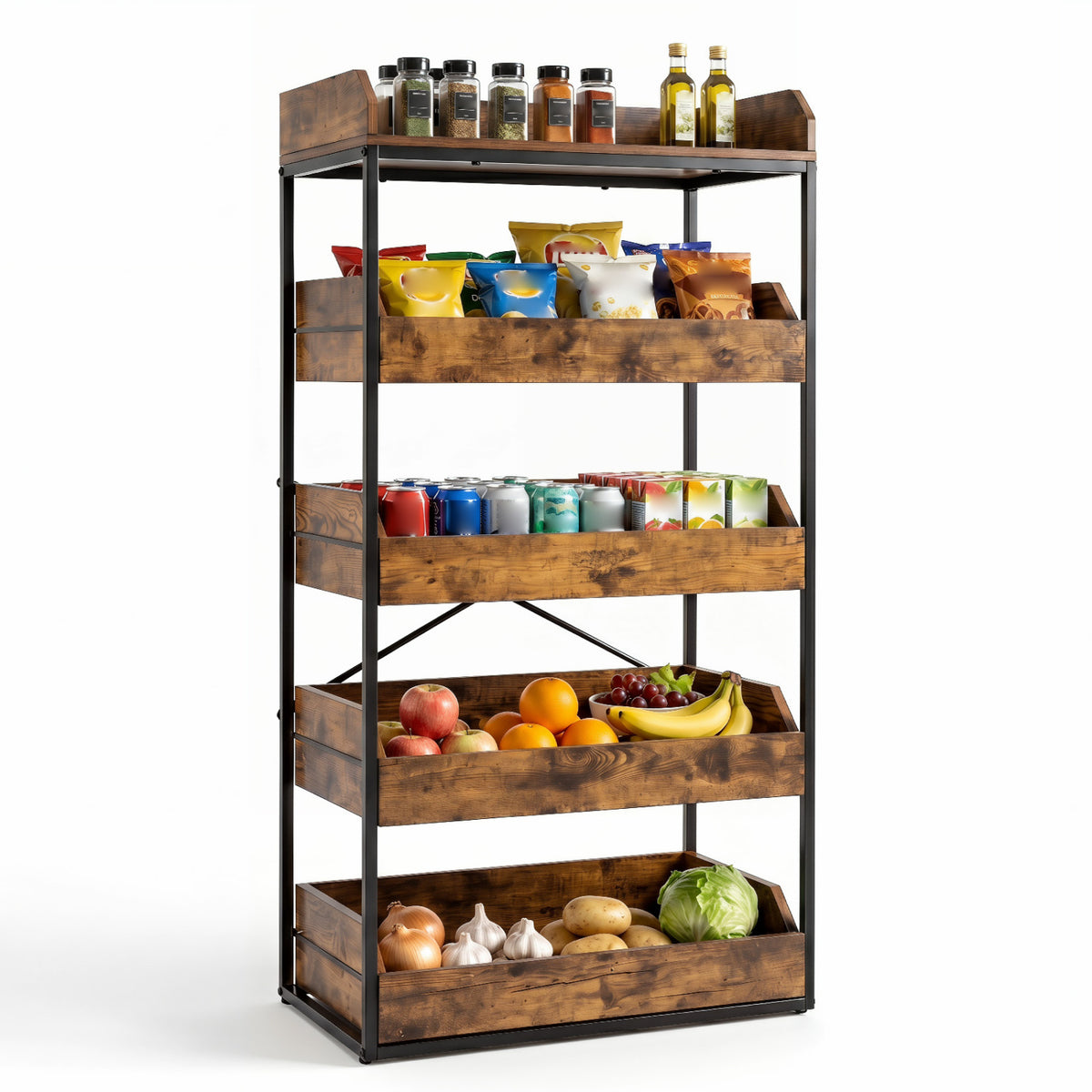 5-Tier Food Storage Rack with 4 Pull-out Drawers and Adjustable Feet-Rustic Brown view 4