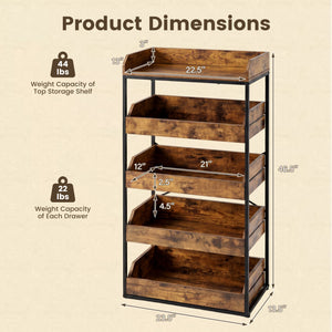 5-Tier Food Storage Rack with 4 Pull-out Drawers and Adjustable Feet-Rustic Brown view 5