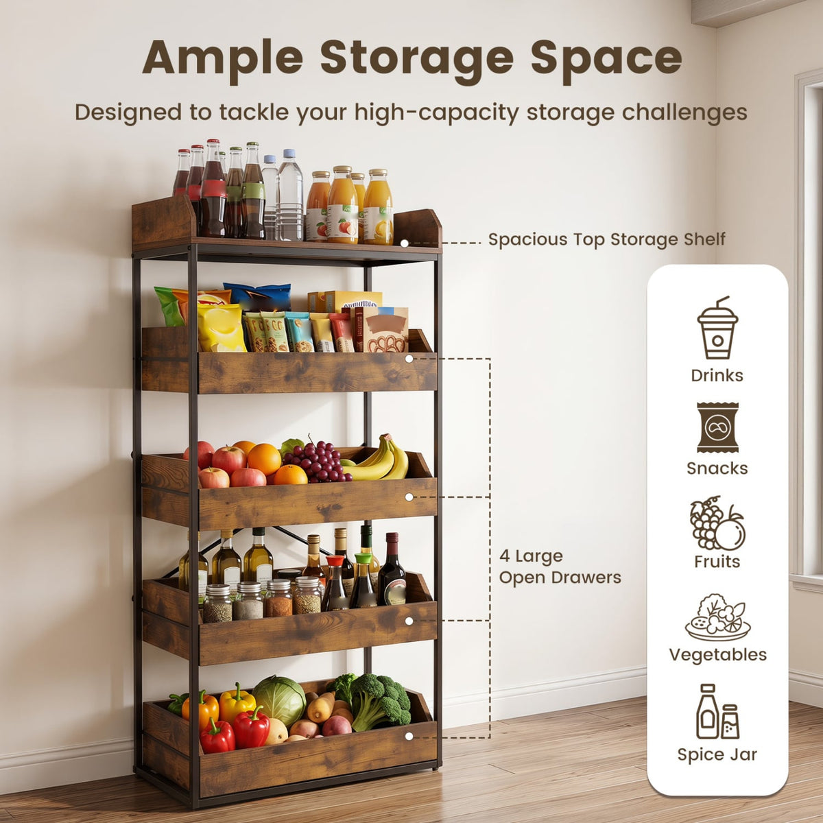 5-Tier Food Storage Rack with 4 Pull-out Drawers and Adjustable Feet-Rustic Brown view 6