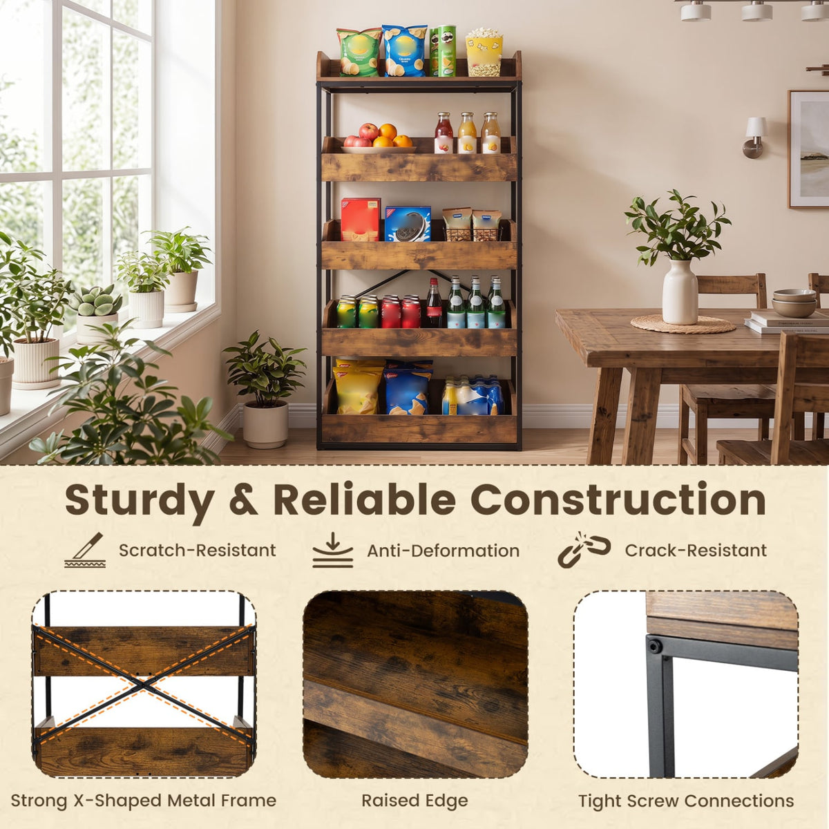 5-Tier Food Storage Rack with 4 Pull-out Drawers and Adjustable Feet-Rustic Brown view 8