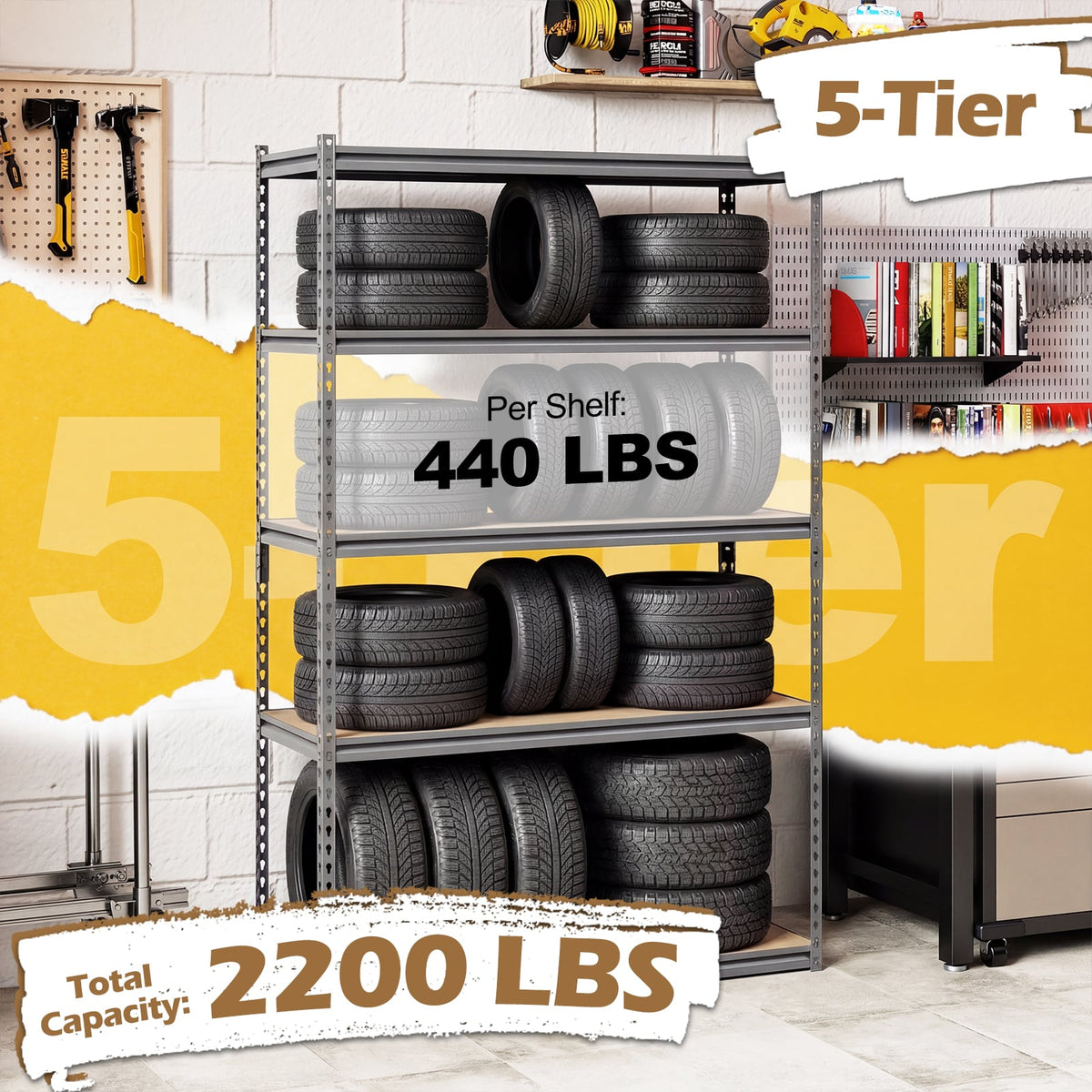 5-Tier Garage Shelving Unit 2200 LBS Metal Storage Shelves Adjustable Utility Rack for Warehouse-Set of 2 view 7