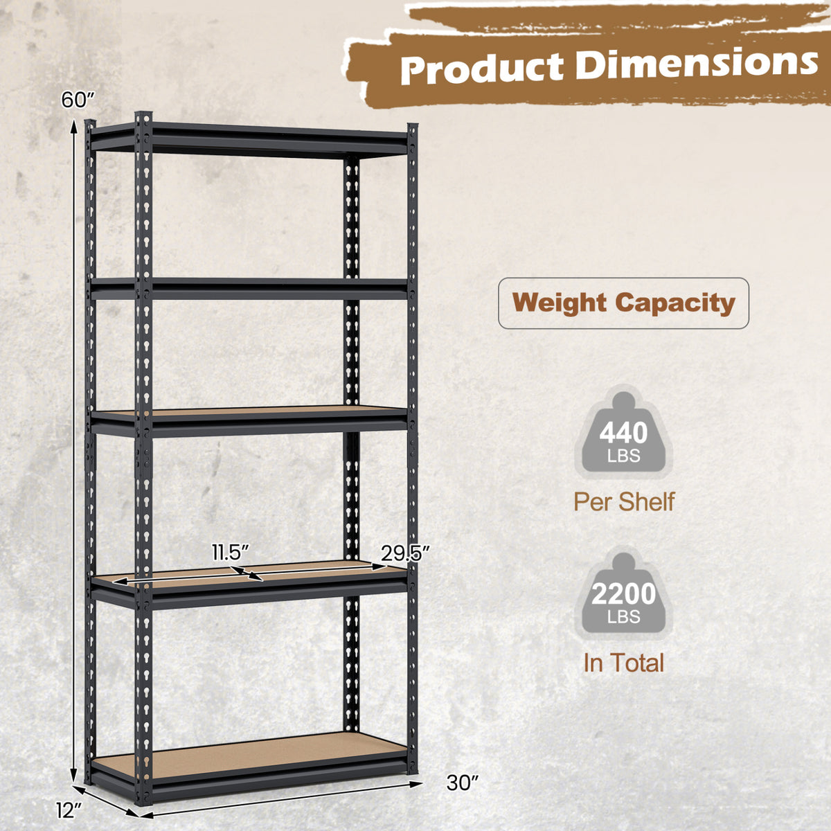 5-Tier Garage Shelving Unit 2200 LBS Heavy Duty Metal Storage Shelves-Set of 3 view 4