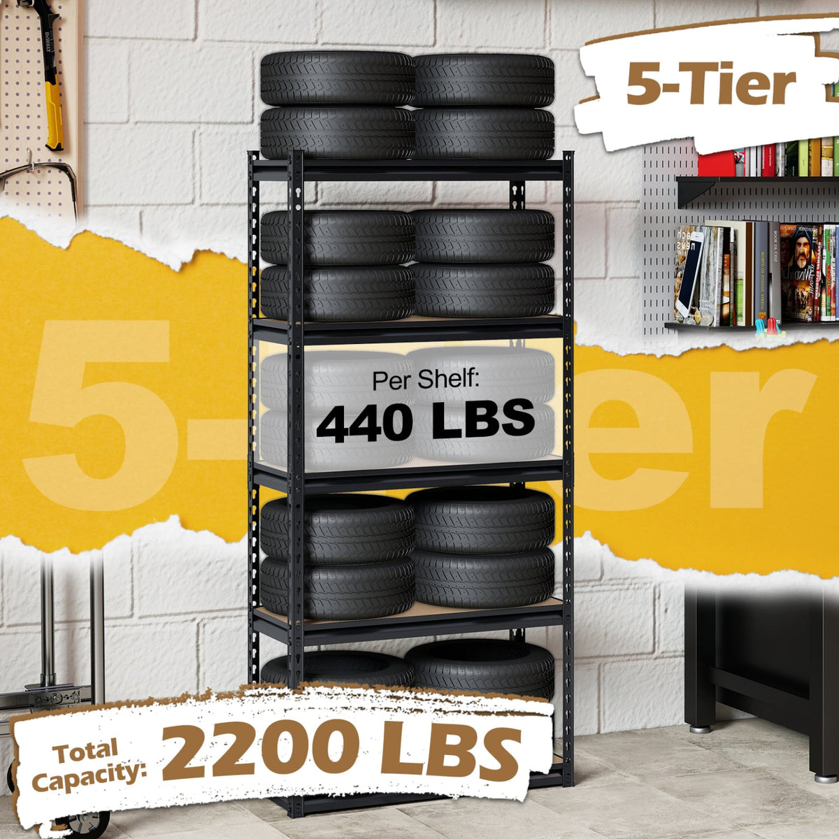 5-Tier Garage Shelving Unit 2200 LBS Heavy Duty Metal Storage Shelves-Set of 4 view 7