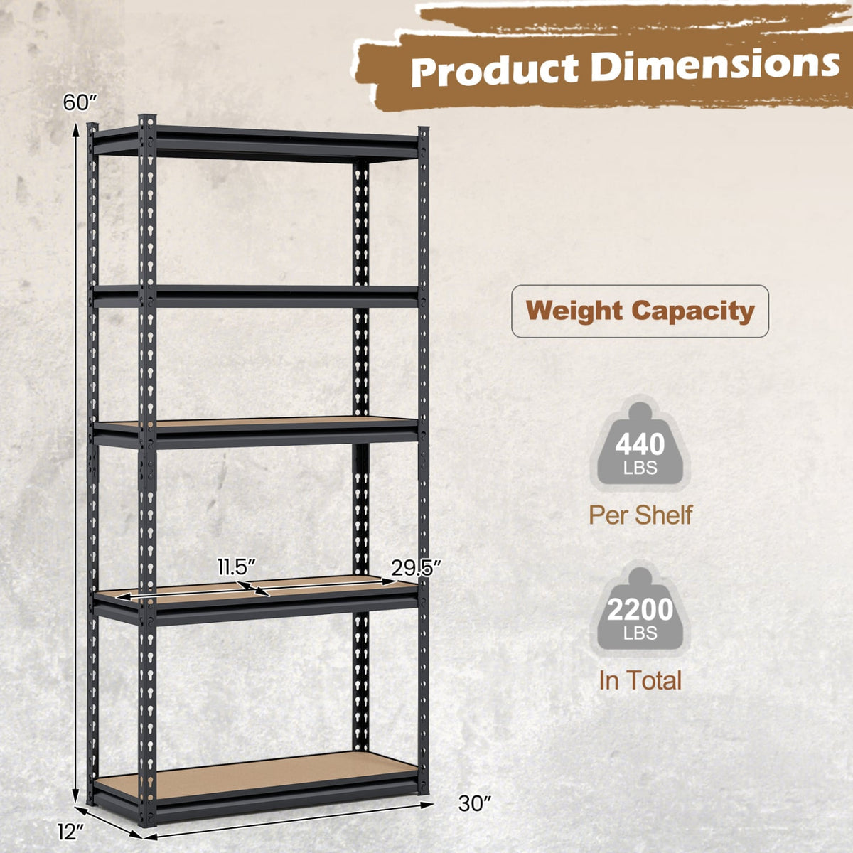 5-Tier Garage Shelving Unit 2200 LBS Heavy Duty Metal Storage Shelves-1Piece view 3