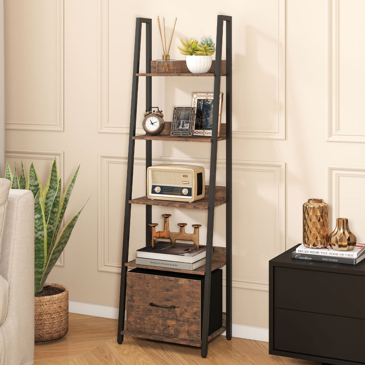 5-Tier Ladder Bookshelf with Fabric Drawer for Living Room and Home Office-Rustic Brown view 2