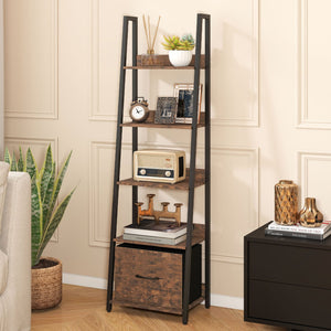 5-Tier Ladder Bookshelf with Fabric Drawer for Living Room and Home Office-Rustic Brown view 2