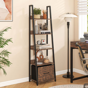 5-Tier Ladder Bookshelf with Fabric Drawer for Living Room and Home Office-Rustic Brown view 3