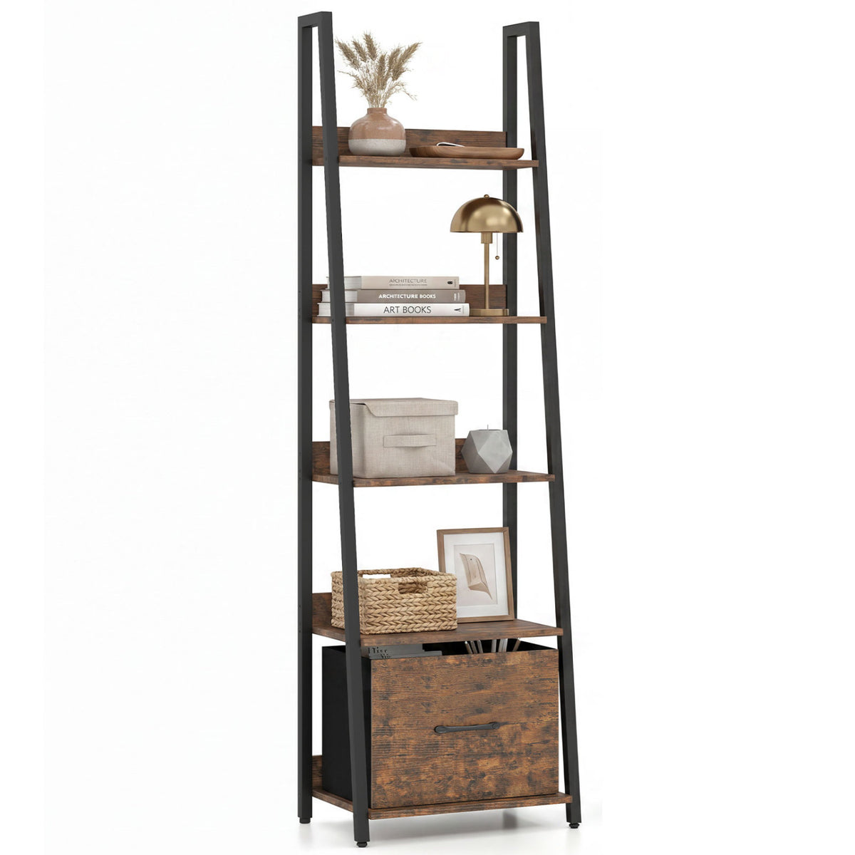 5-Tier Ladder Bookshelf with Fabric Drawer for Living Room and Home Office-Rustic Brown view 4