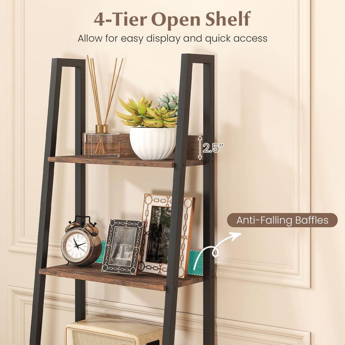5-Tier Ladder Bookshelf with Fabric Drawer for Living Room and Home Office-Rustic Brown view 6