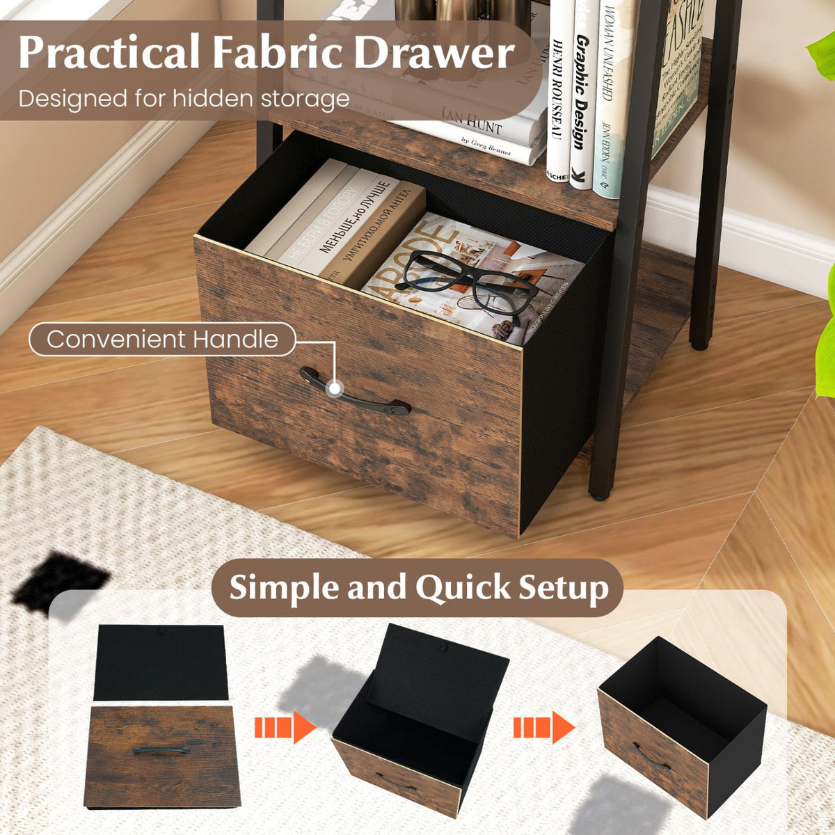 5-Tier Ladder Bookshelf with Fabric Drawer for Living Room and Home Office-Rustic Brown view 7