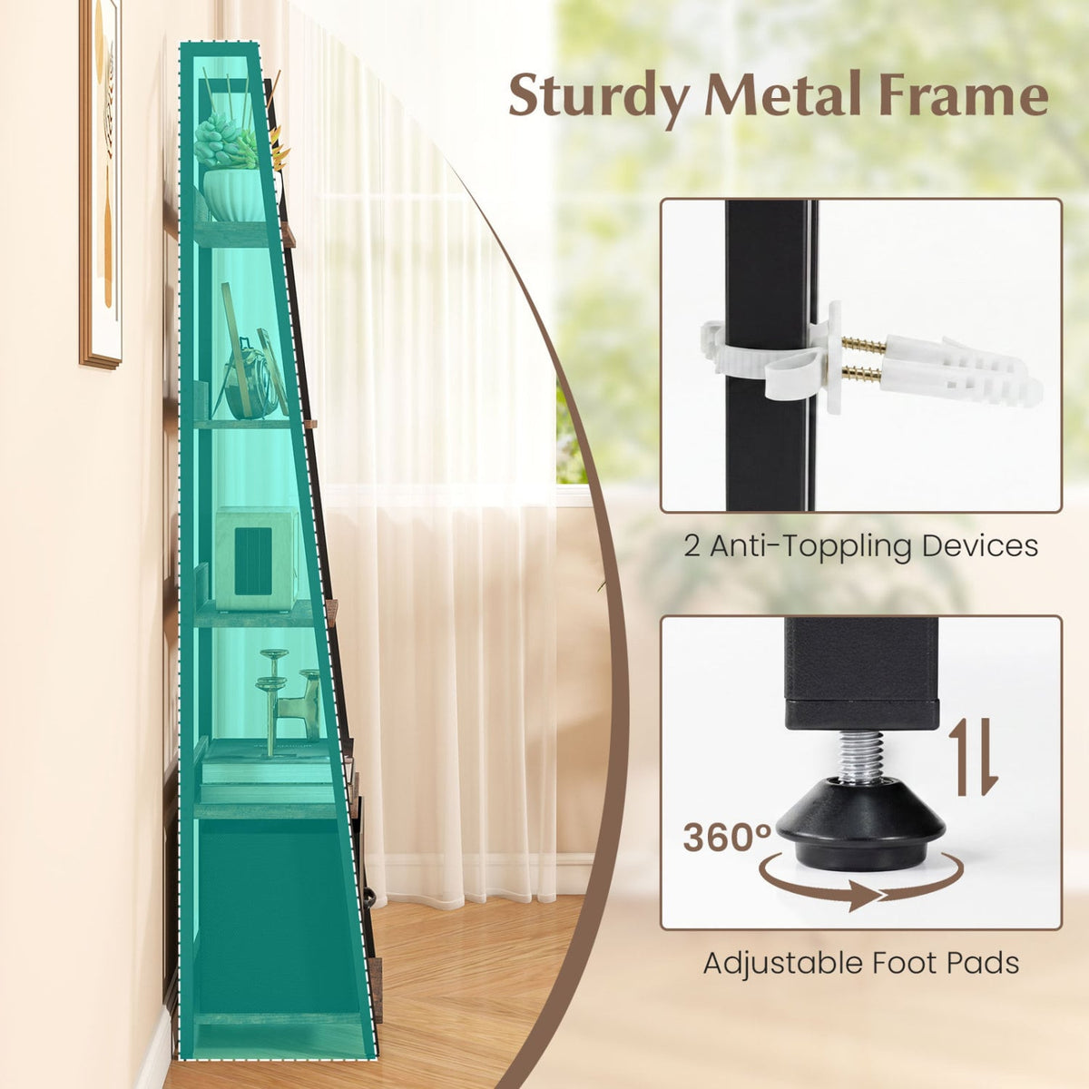 5-Tier Ladder Bookshelf with Fabric Drawer for Living Room and Home Office-Rustic Brown view 9