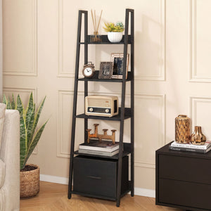 5-Tier Ladder Bookshelf with Fabric Drawer for Living Room and Home Office-Black view 2
