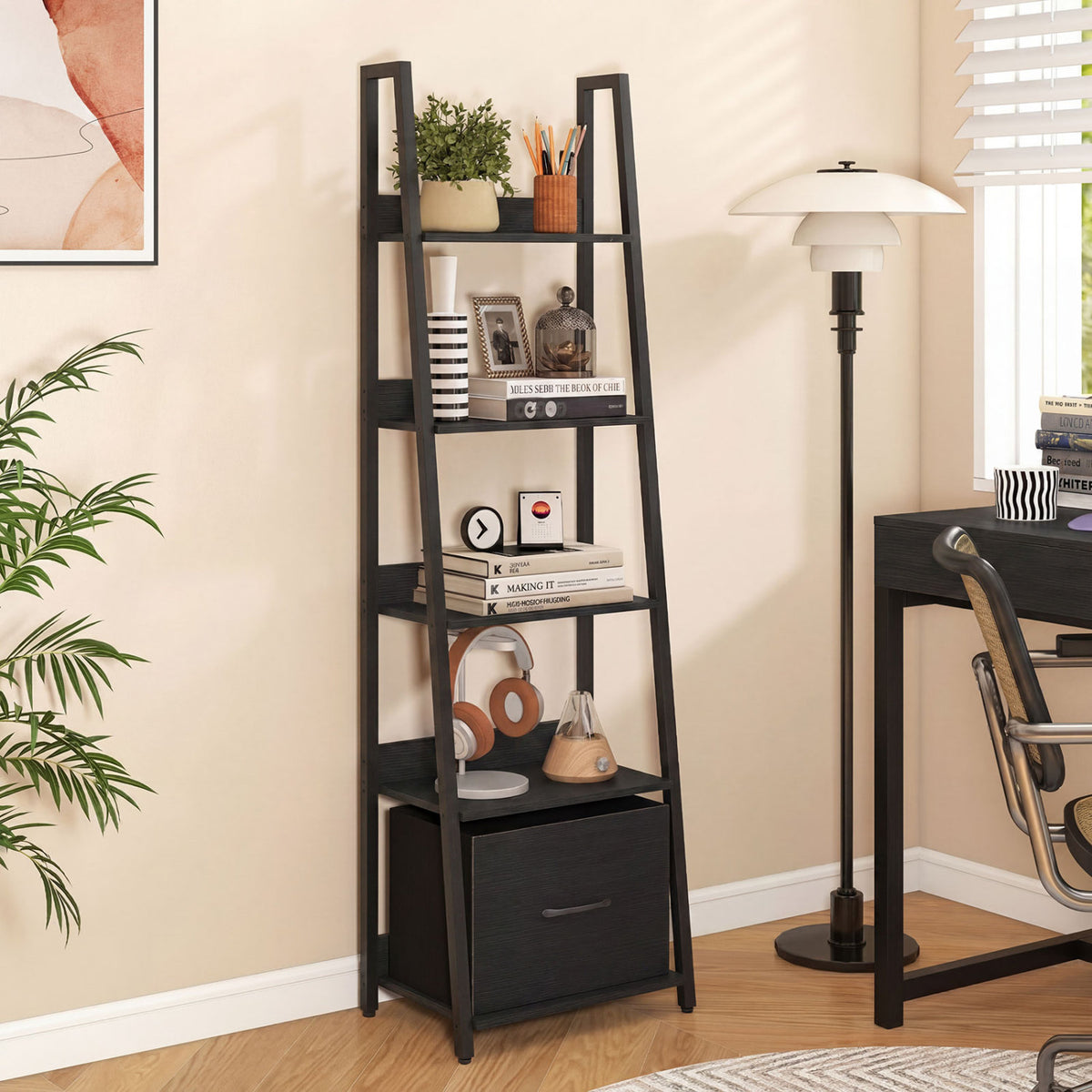 5-Tier Ladder Bookshelf with Fabric Drawer for Living Room and Home Office-Black view 3