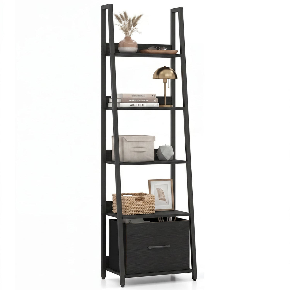 5-Tier Ladder Bookshelf with Fabric Drawer for Living Room and Home Office-Black
