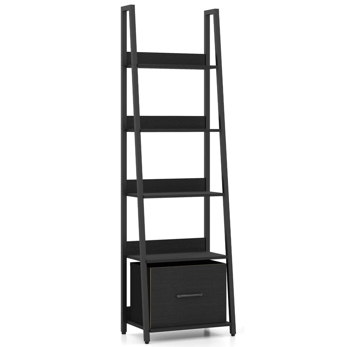 5-Tier Ladder Bookshelf with Fabric Drawer for Living Room and Home Office-Black view 4