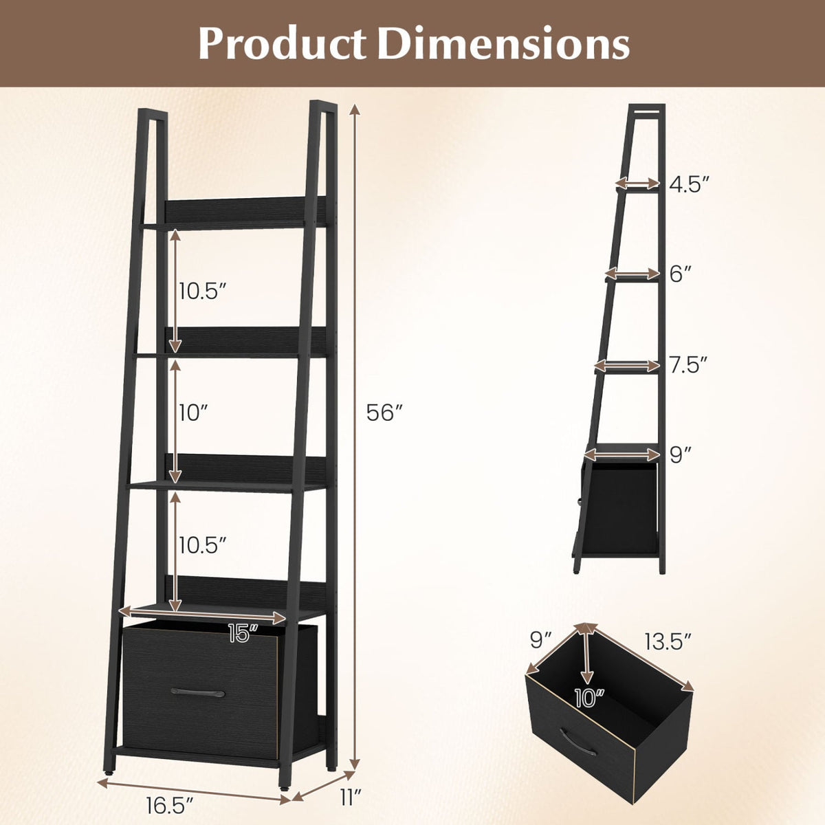 5-Tier Ladder Bookshelf with Fabric Drawer for Living Room and Home Office-Black view 5
