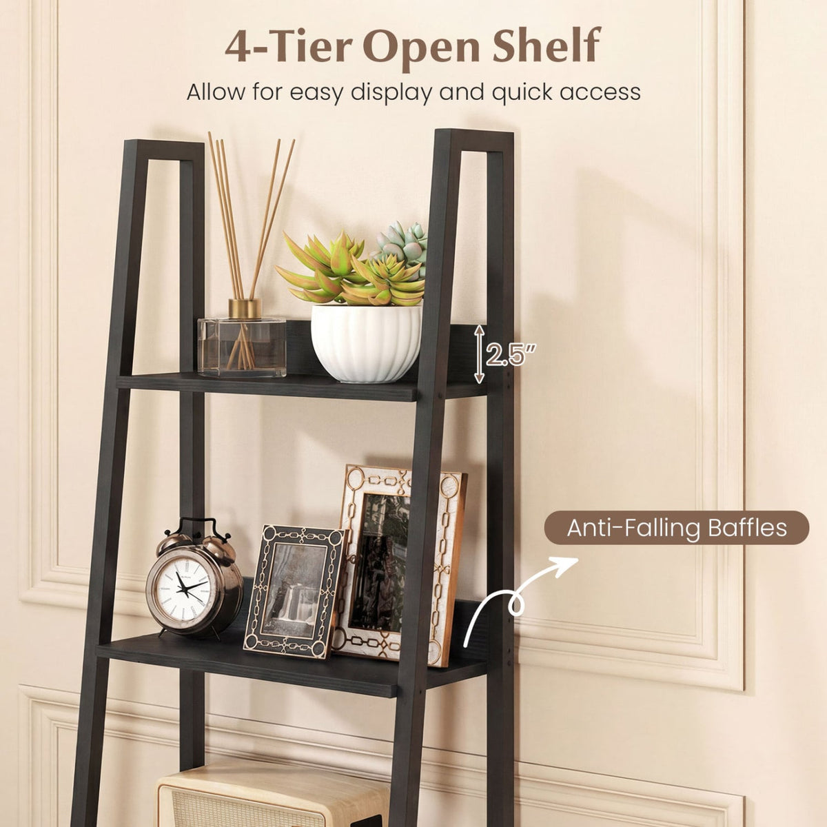 5-Tier Ladder Bookshelf with Fabric Drawer for Living Room and Home Office-Black view 6
