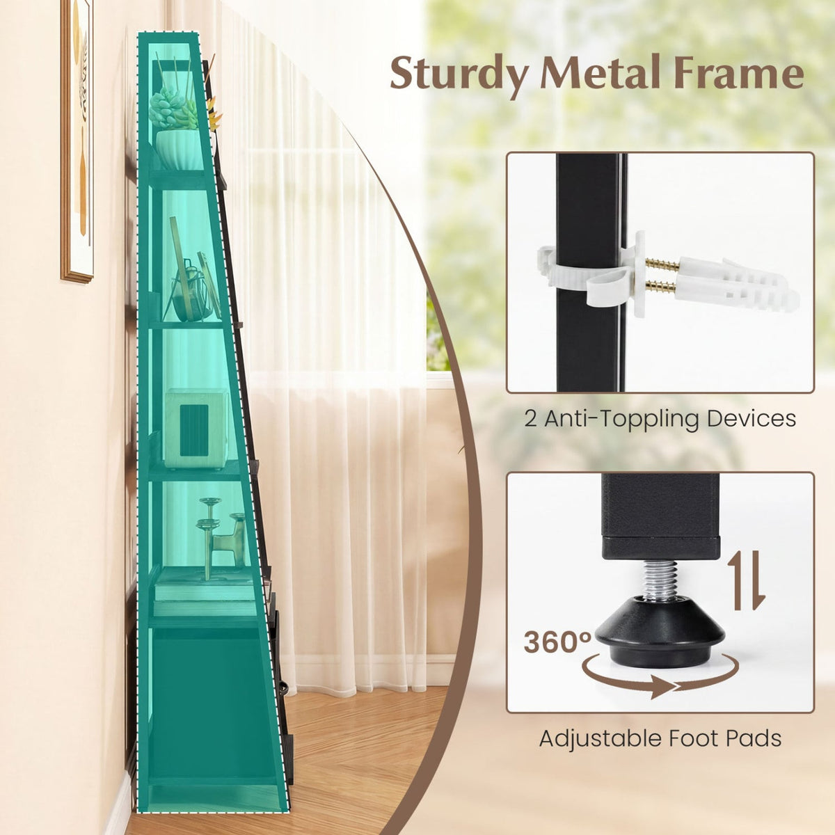 5-Tier Ladder Bookshelf with Fabric Drawer for Living Room and Home Office-Black view 9