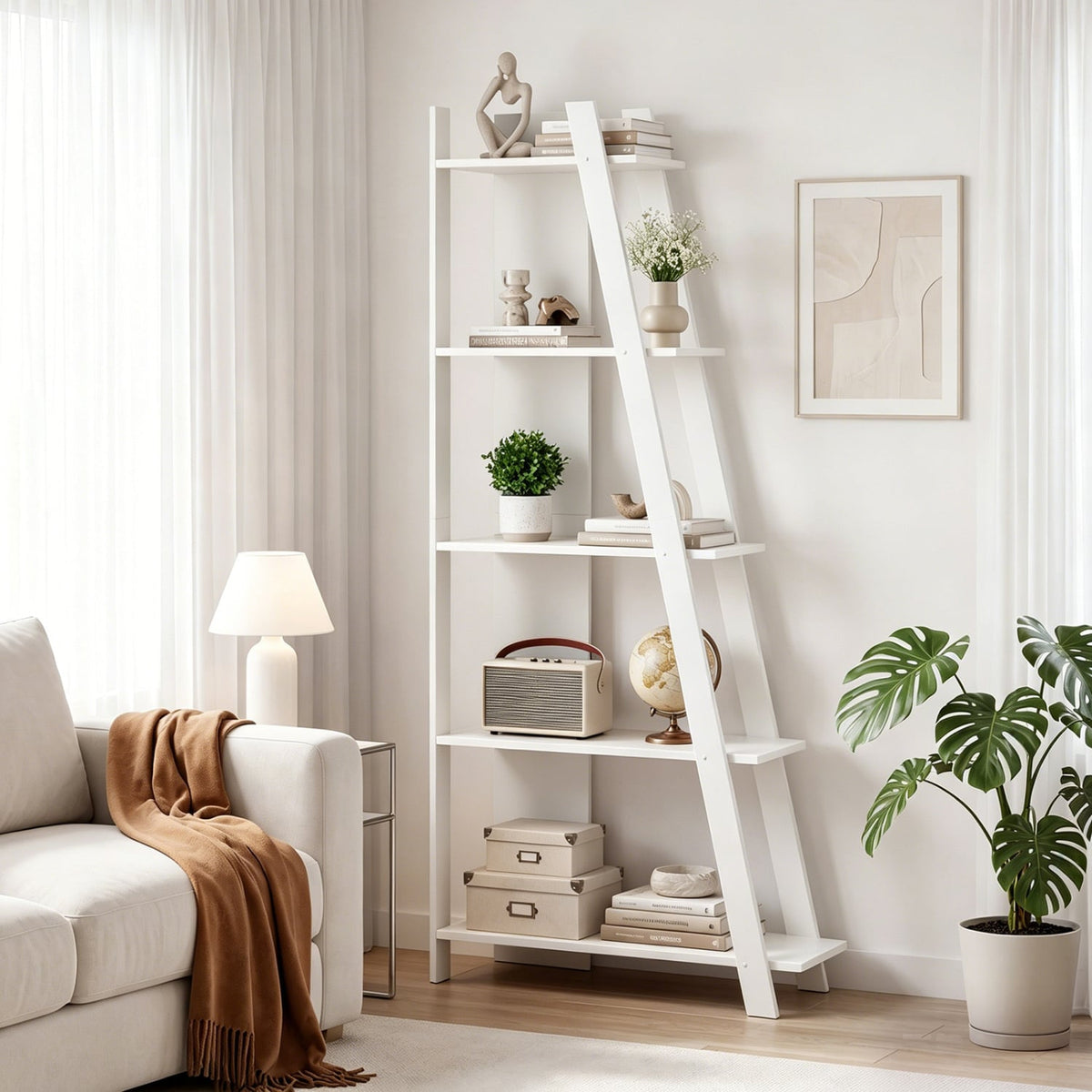 5-Tier Modern Bookshelf Narrow Vertical Display Shelf for Small Space-White view 2